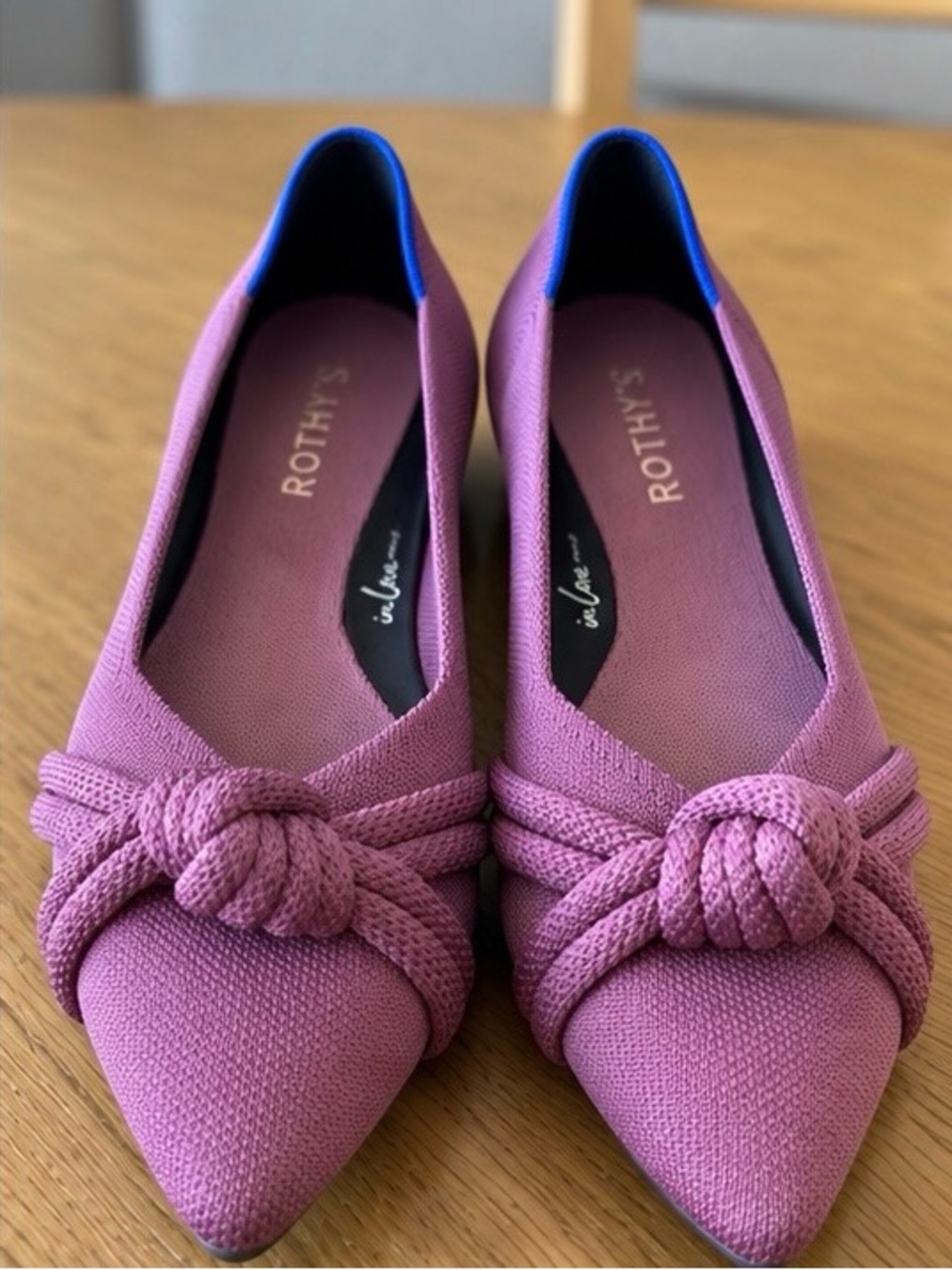 Rothy's Women's Pointed Knot Ballet Flats in Magenta with Blue Trim